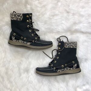 Sperry Hikerfish Boots Womens 6.5M Black Leather Animal Print
